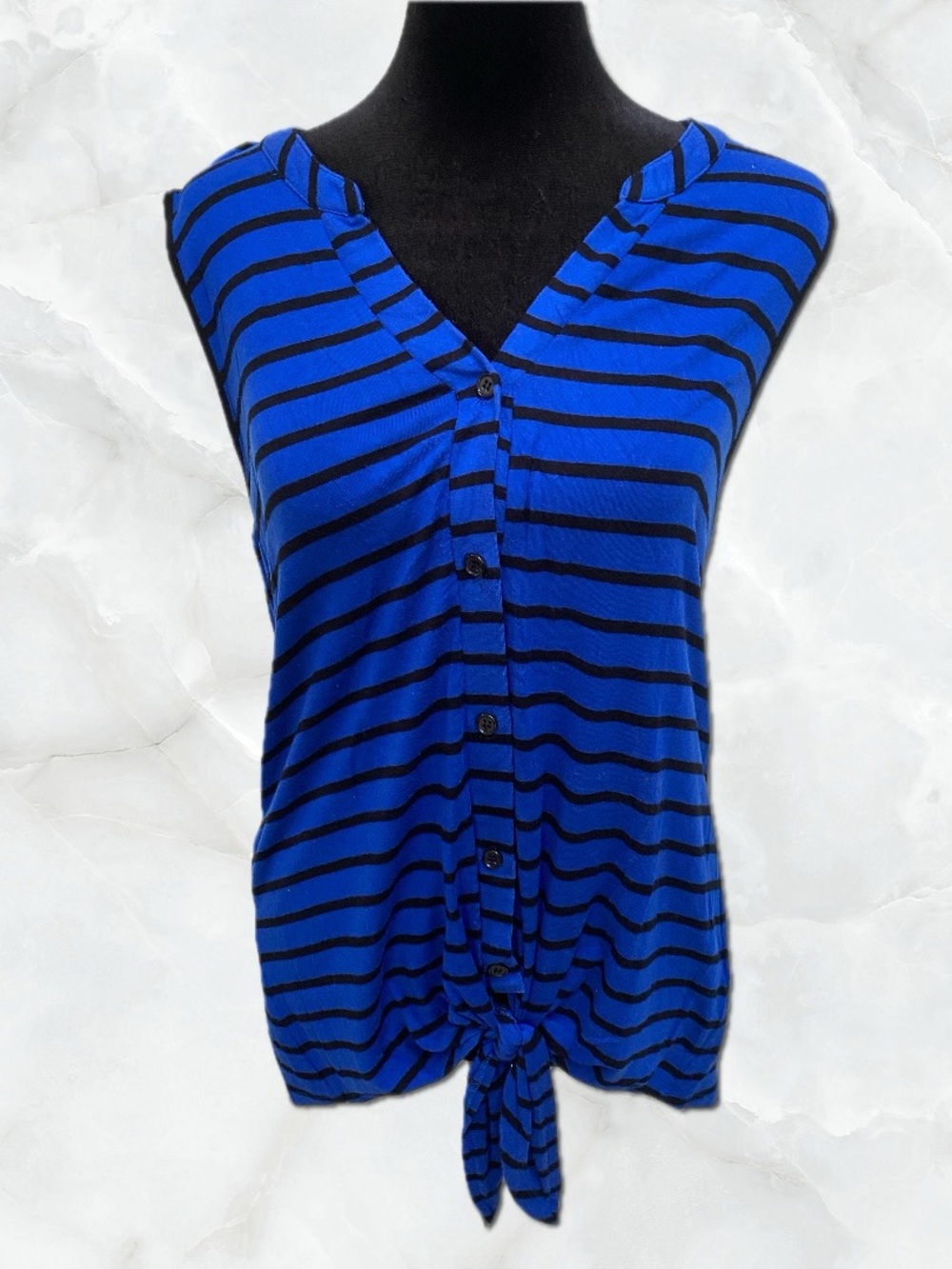 Cable & Gauge Royal Blue and Black Striped Tie-Front Button Down Top